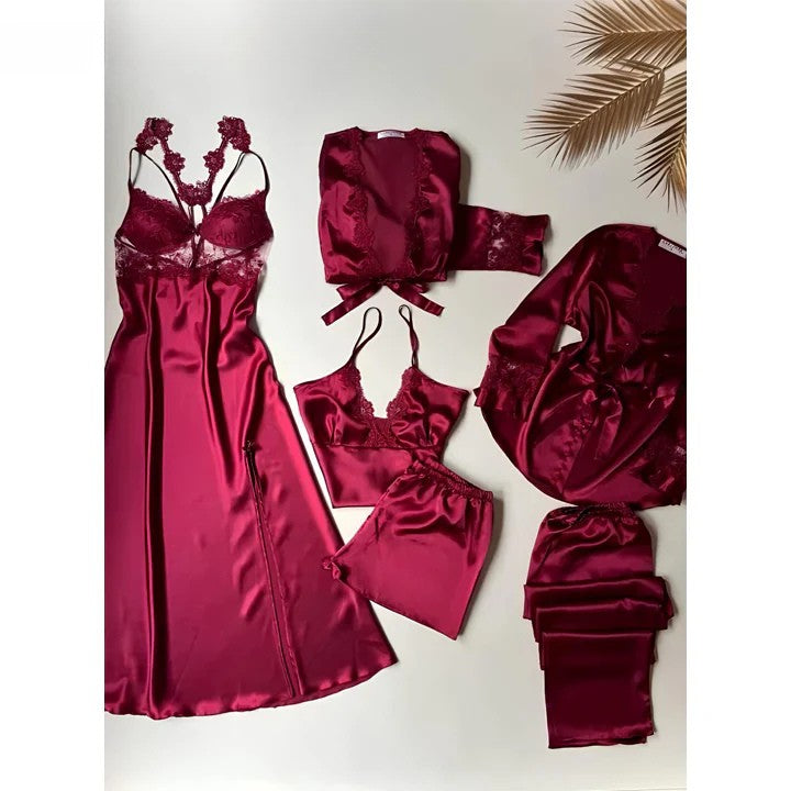 6 PCS LONG SILK NIGHTY SET FOR WOMEN