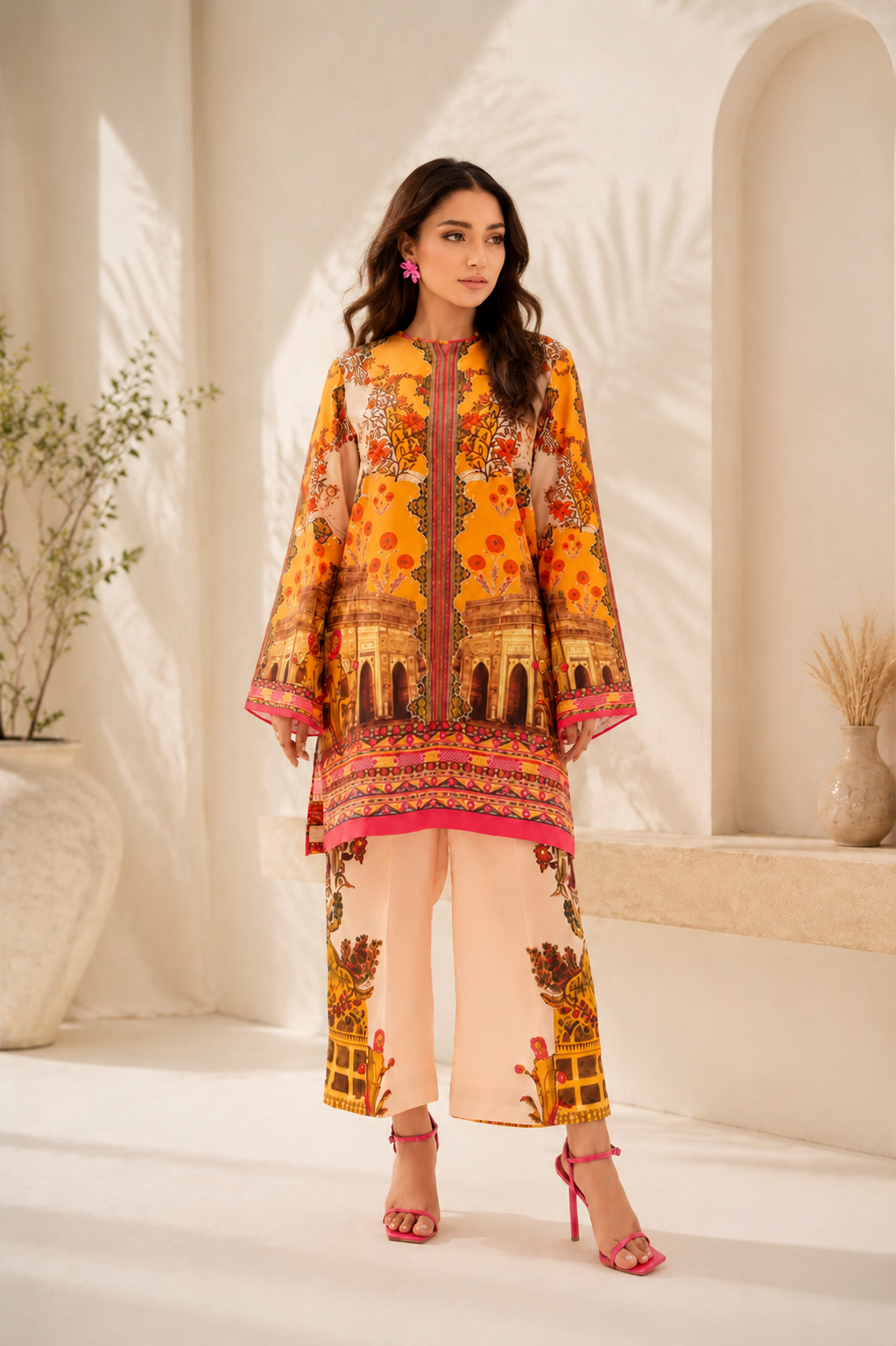 Vibrant Orange Floral & Architectural Print Lawn Suit
