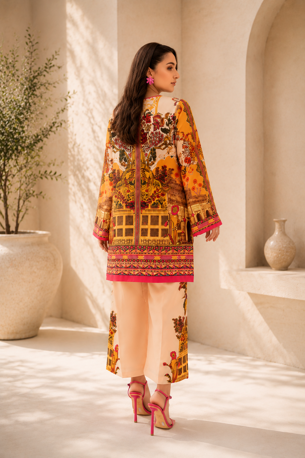 Vibrant Orange Floral & Architectural Print Lawn Suit