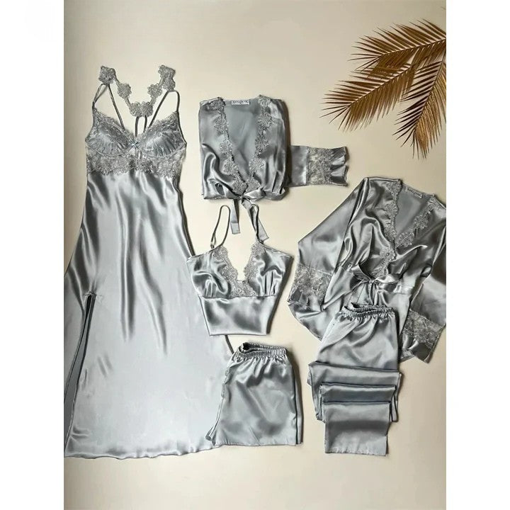 6 PCS LONG SILK NIGHTY SET FOR WOMEN