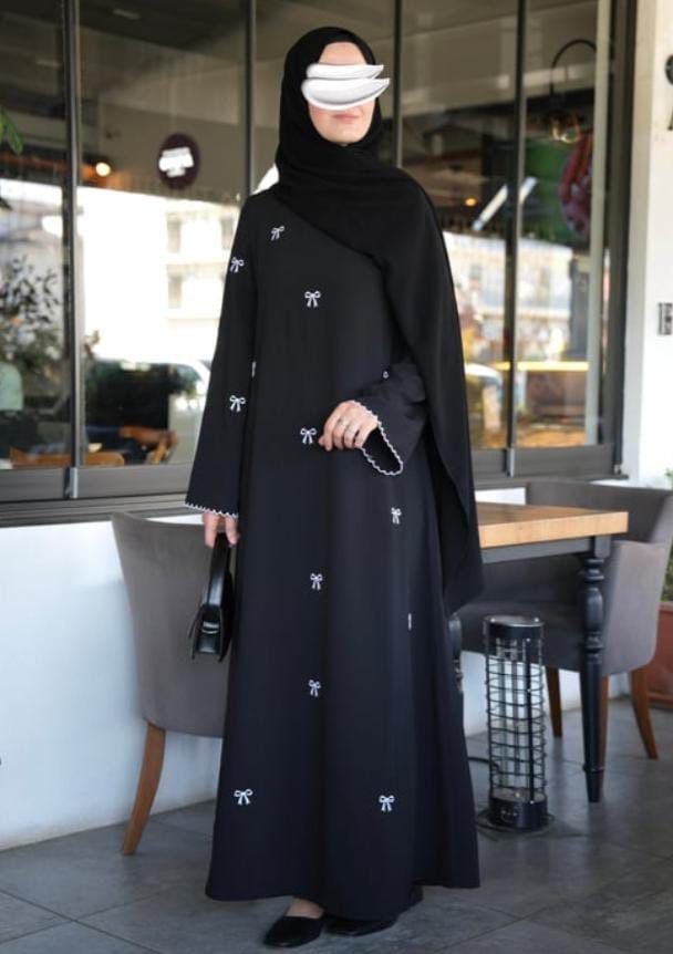 Elegant Black Bow Embroidered Abaya With Premium Stole – Modest Luxury Wear
