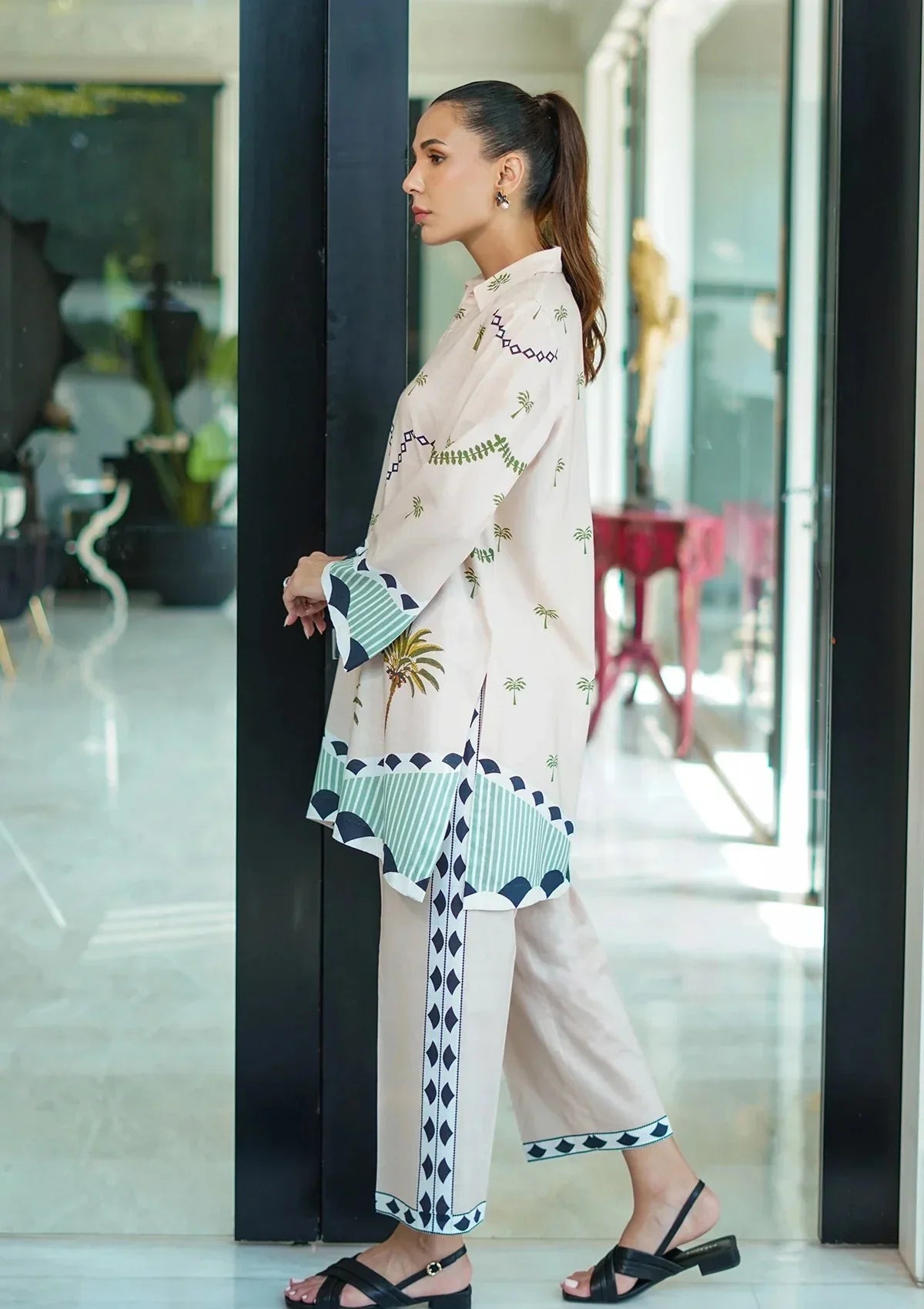 Contemporary Beige Palm Moti Premium digital printed lawn 2-Piece Set