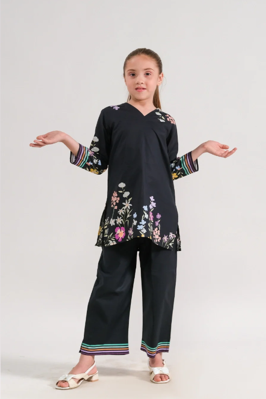 Floral Nocturne Embroidered 2-Piece Suit for Girls | Elegant Eid & Party Wear 2025 (6-14 Years)