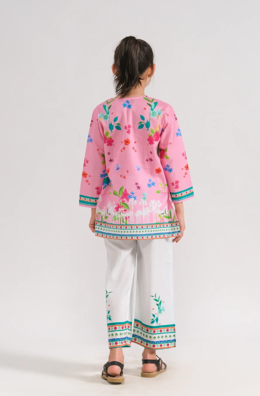 Girls Ethnic Wear – Pink Floral Kurti & White Trousers | 2-Piece Summer Kurti Set (Ages 6–14)