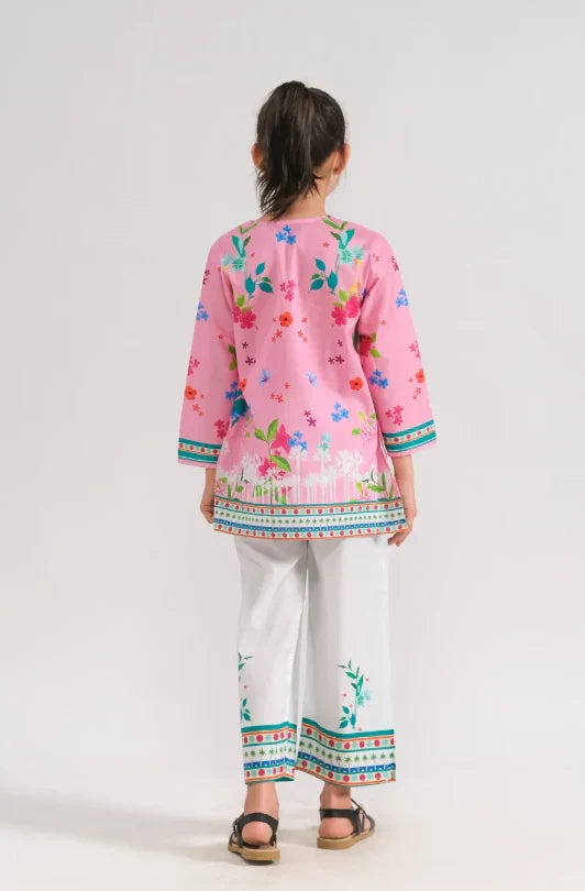 Girls Ethnic Wear – Pink Floral Kurti & White Trousers | 2-Piece Summer Kurti Set (Ages 6–14)