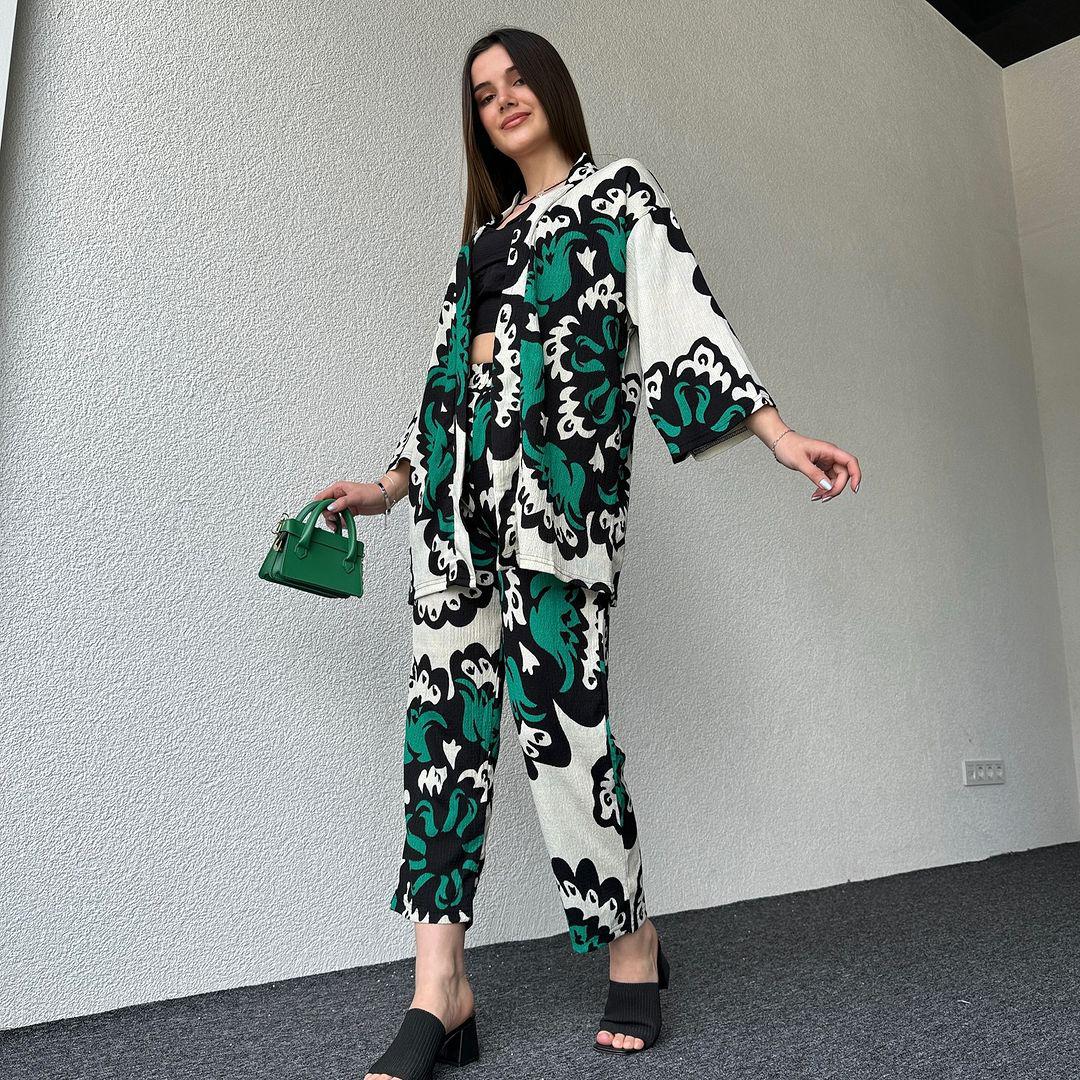 Modern Spider Fabric Kimono Lawn Suit