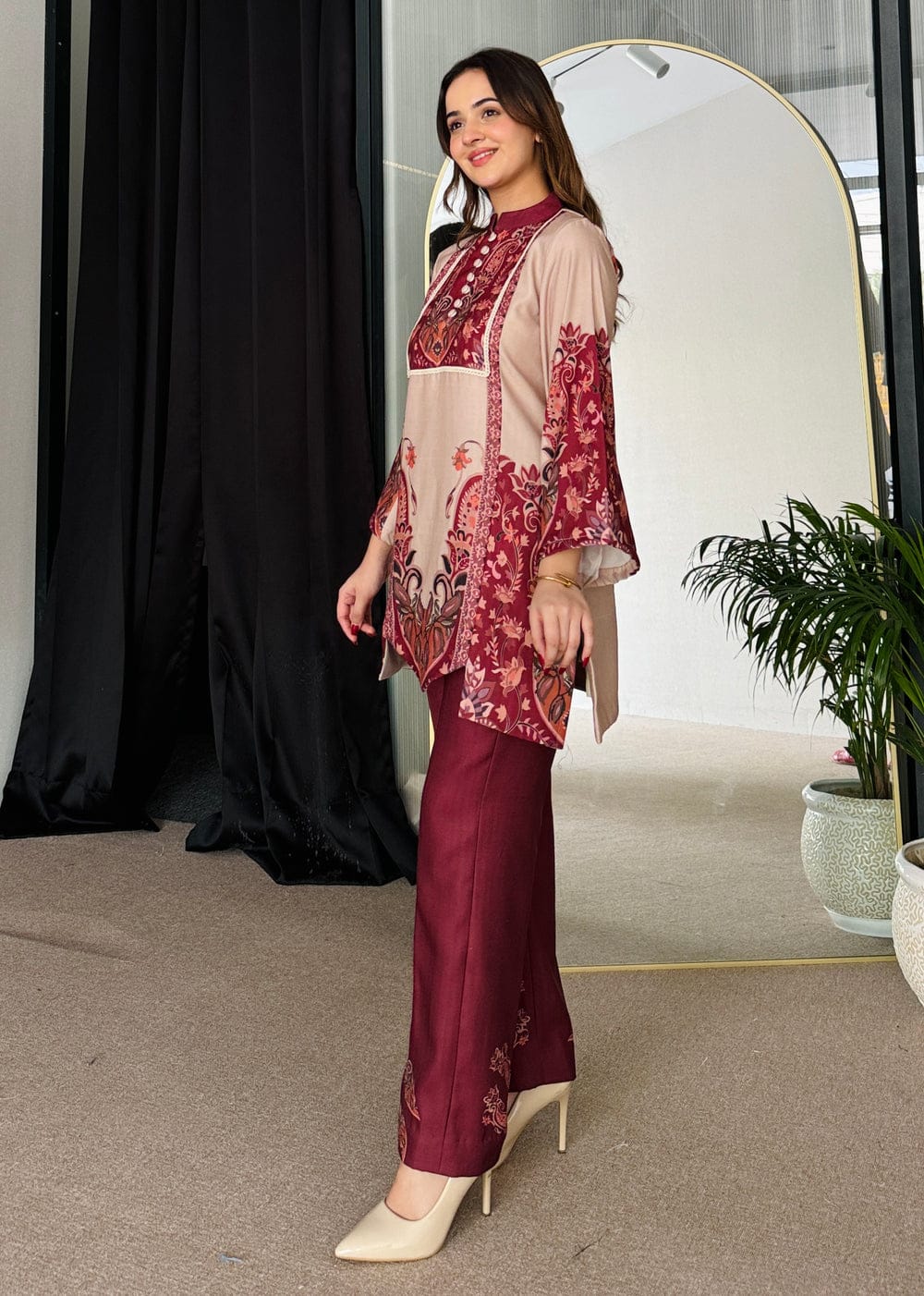 Graceful Maroon Digital Printed Two-Piece Suit