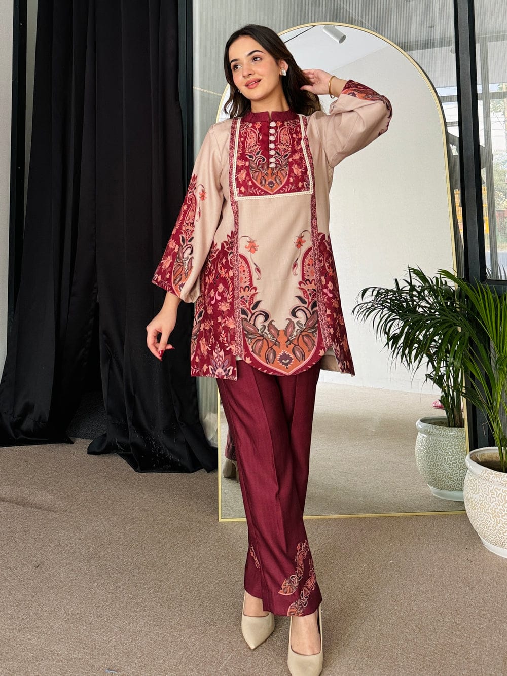 Graceful Maroon Digital Printed Two-Piece Suit
