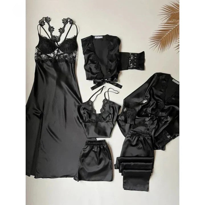 6 PCS LONG SILK NIGHTY SET FOR WOMEN
