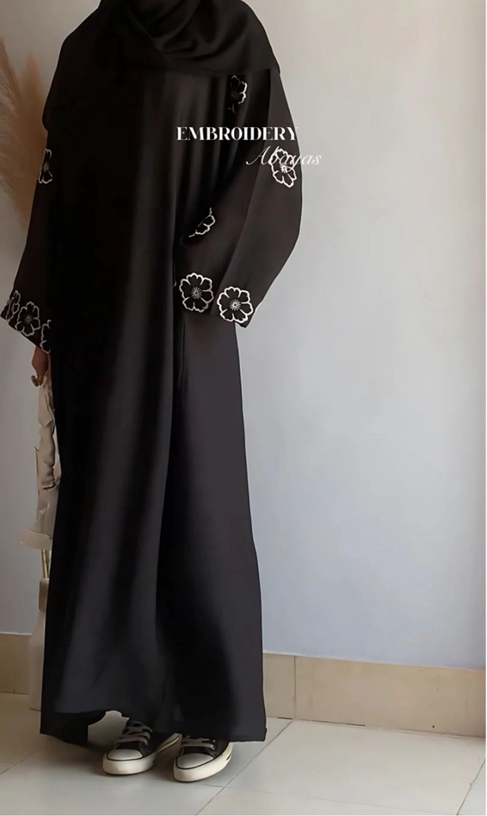 Elegant Black Abaya with White Floral Embroidery Sleeves – Premium Modest Wear