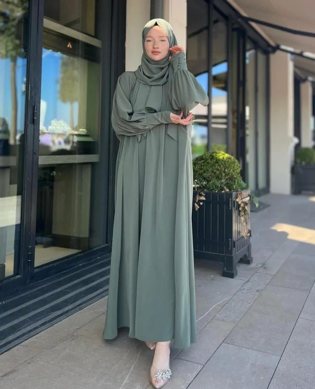 Olive Abaya With Premium Stole – Elegant Modest Everyday Wear