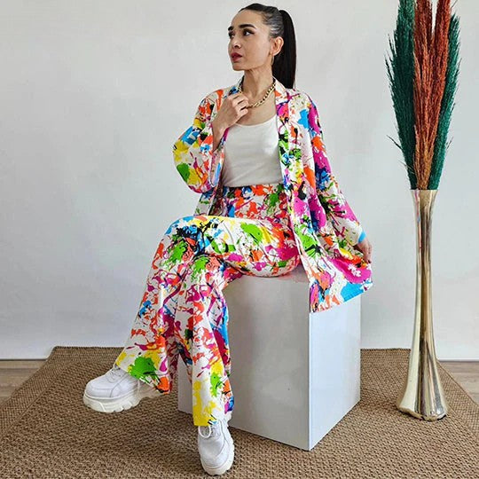 Vibrant Abstract Print Women 2-Piece Suit – Expressive & Elegant