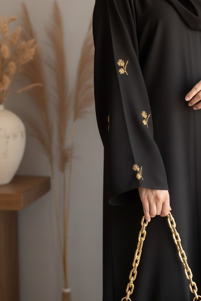 Luxury Black Abaya with Gold Floral Embroidery Sleeves – Elegant Modest Wear