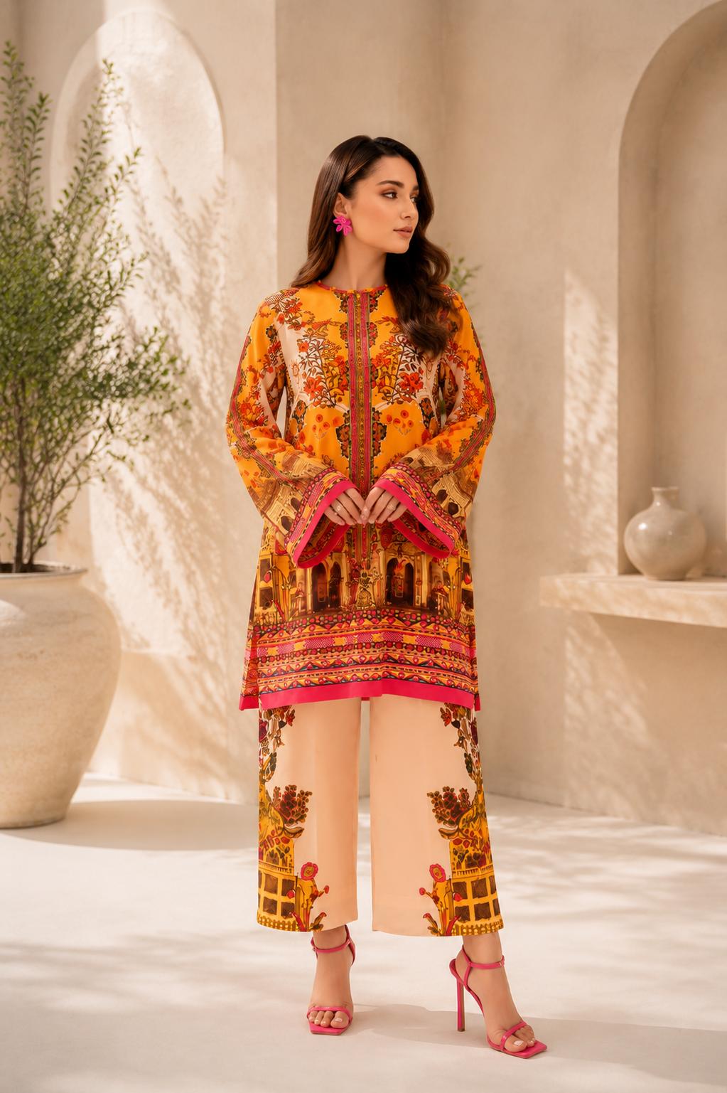 Vibrant Orange Floral & Architectural Print Lawn Suit