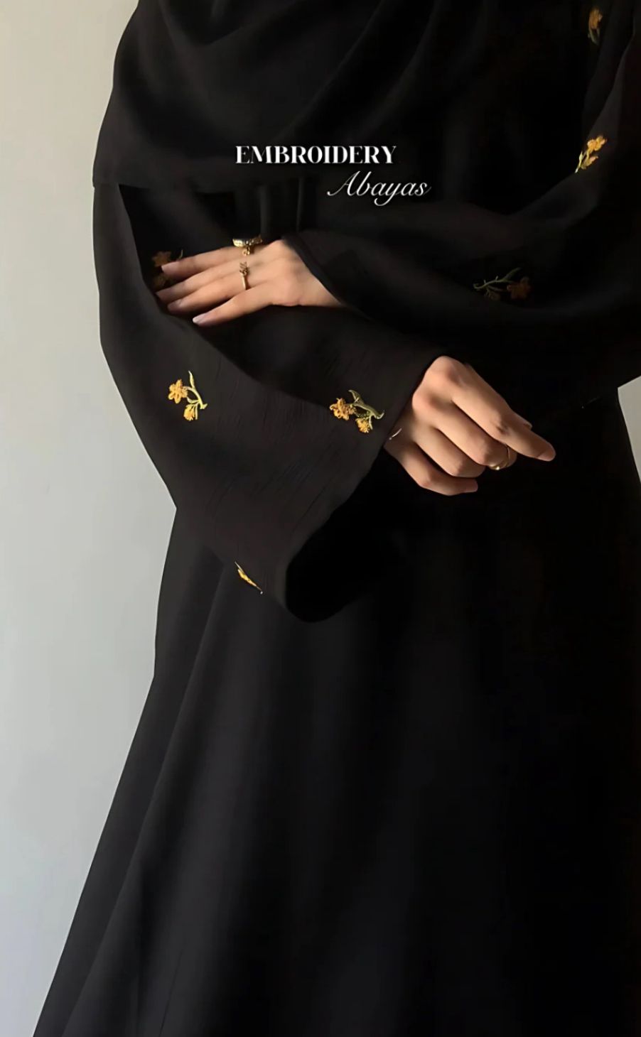 Luxury Black Abaya with Gold Floral Embroidery Sleeves – Elegant Modest Wear