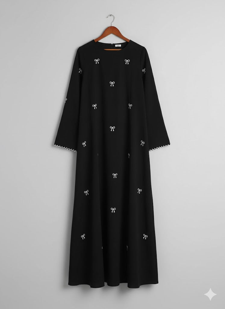 Elegant Black Bow Embroidered Abaya With Premium Stole – Modest Luxury Wear